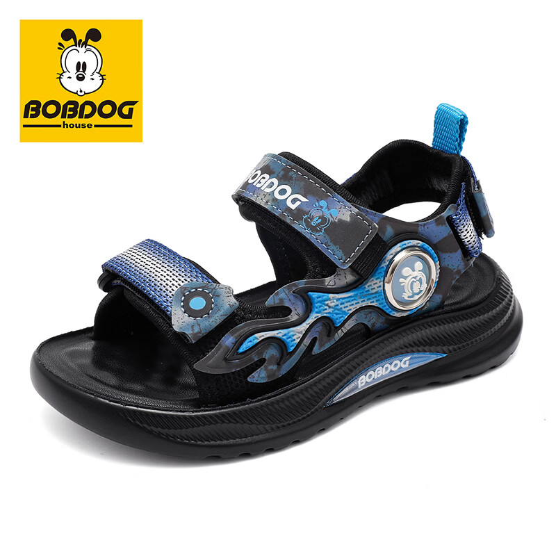 巴布豆（BOBDOG）童鞋男童夏季运动凉鞋中大童校园鞋子2026新款百搭露趾沙滩鞋 黑/星空蓝 26 适合脚长17.5cm