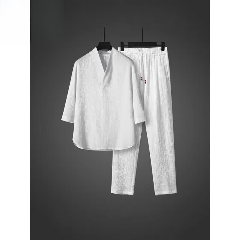 隐形都市莫代尔夏季睡衣男七分袖冰丝亚麻家居服套装宽松中国凤棉麻两件套 灰色【上衣+裤子】两件套 4XL 170-195斤