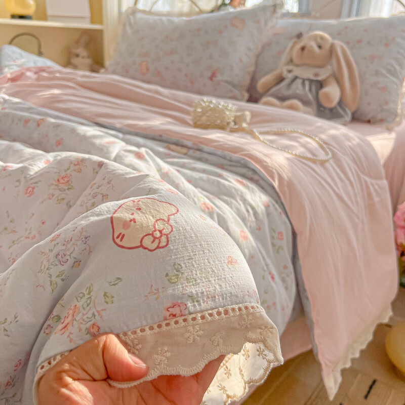 春夏款空调被a类棉花边夏凉全棉可机洗四件套双人春秋单人夏薄子 赫本小姐【棉花边空调被】 夏被四件套【200x230夏被+床单230x230