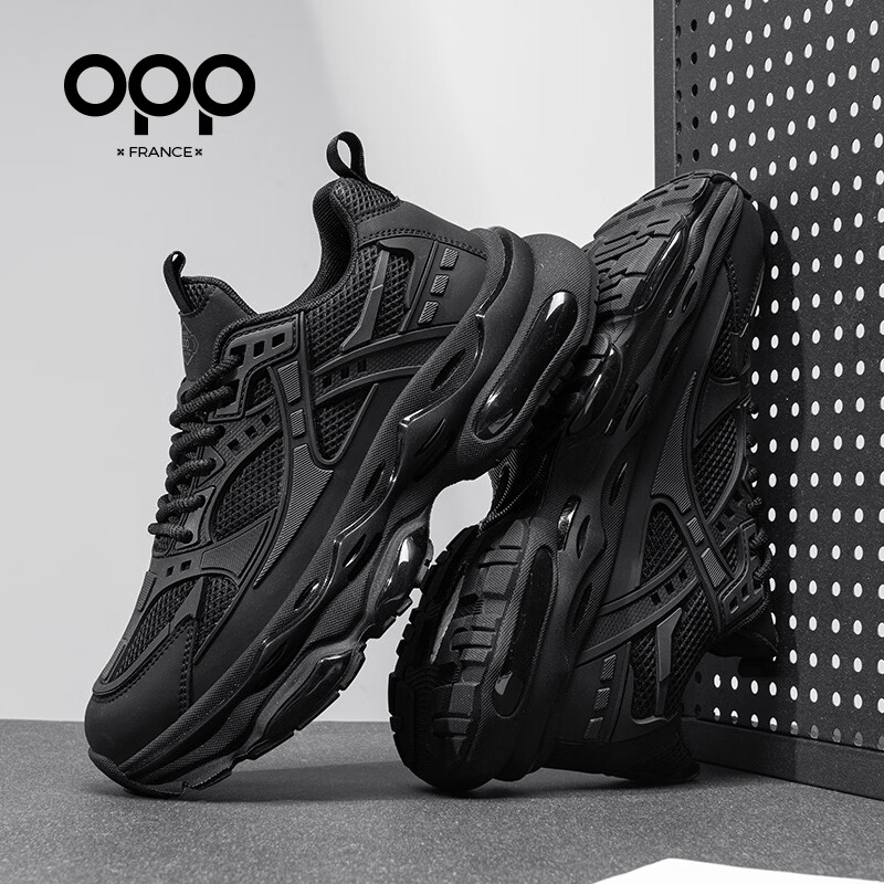 OPP男鞋夏季透气2026新款高级感老爹鞋男士运动鞋百搭休闲鞋软底增高 黑色 单层 44