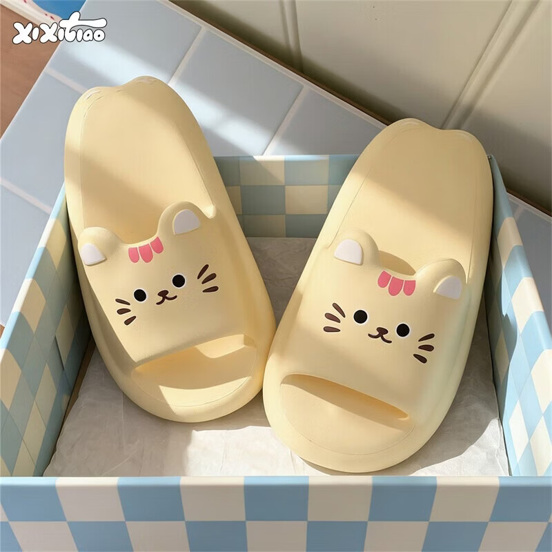 细细条(XIXITIAO)可爱小猫咪学生夏季一字拖鞋居家防滑eva软厚底休闲女舒适凉拖鞋 浅黄色可爱小猫【防滑软底】 38-39 【标准码】