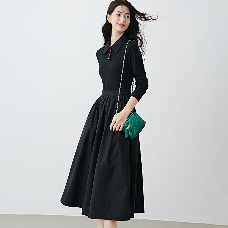 晚白纸片人小黑裙2026春款面试正装假两件收腰显瘦大摆A字伞裙连衣裙 黑色 L