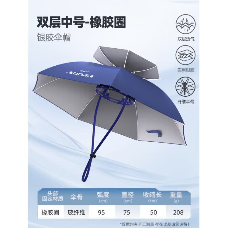 渔之源（Yuzhiyuan）钓鱼伞帽头戴式雨伞斗笠折叠头顶伞双层大号遮阳防晒帽子伞 0.95米 双层銀胶【橡胶头套+纤维伞骨】藏蓝