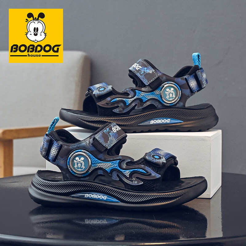 巴布豆（BOBDOG）童鞋男童夏季运动凉鞋中大童校园鞋子2026新款百搭露趾沙滩鞋 黑/星空蓝 26 适合脚长17.5cm