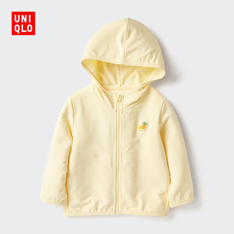 优衣库婴幼儿宝宝防紫外线网眼连帽开衫防晒衣婴幼儿衣服482045 41 杏黄色 100