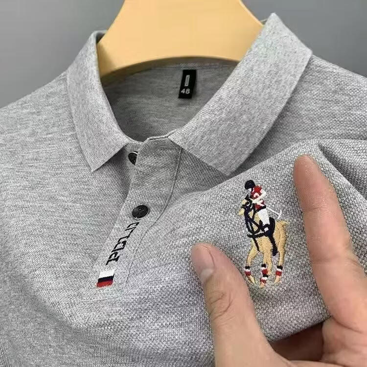 锐图森男士短袖商务polo衫夏季刺绣翻领男装大码短袖T恤纯色简约百搭T恤 桔色【A01】战马标 3XL (建议140-160斤)