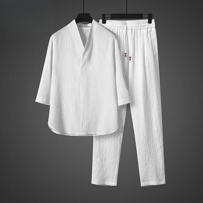 隐形都市莫代尔夏季睡衣男七分袖冰丝亚麻家居服套装宽松中国凤棉麻两件套 灰色【上衣+裤子】两件套 4XL 170-195斤