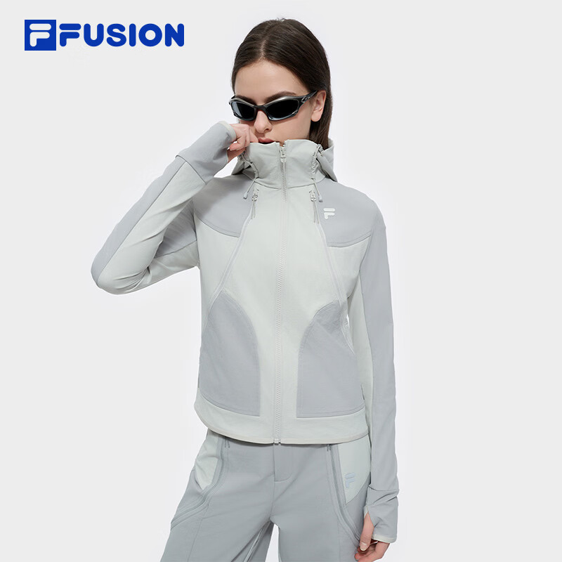 FILA FUSION斐乐潮牌梭织外套女春新款时尚休闲拼色连帽上衣 岩层灰-GY M 165/84A/M