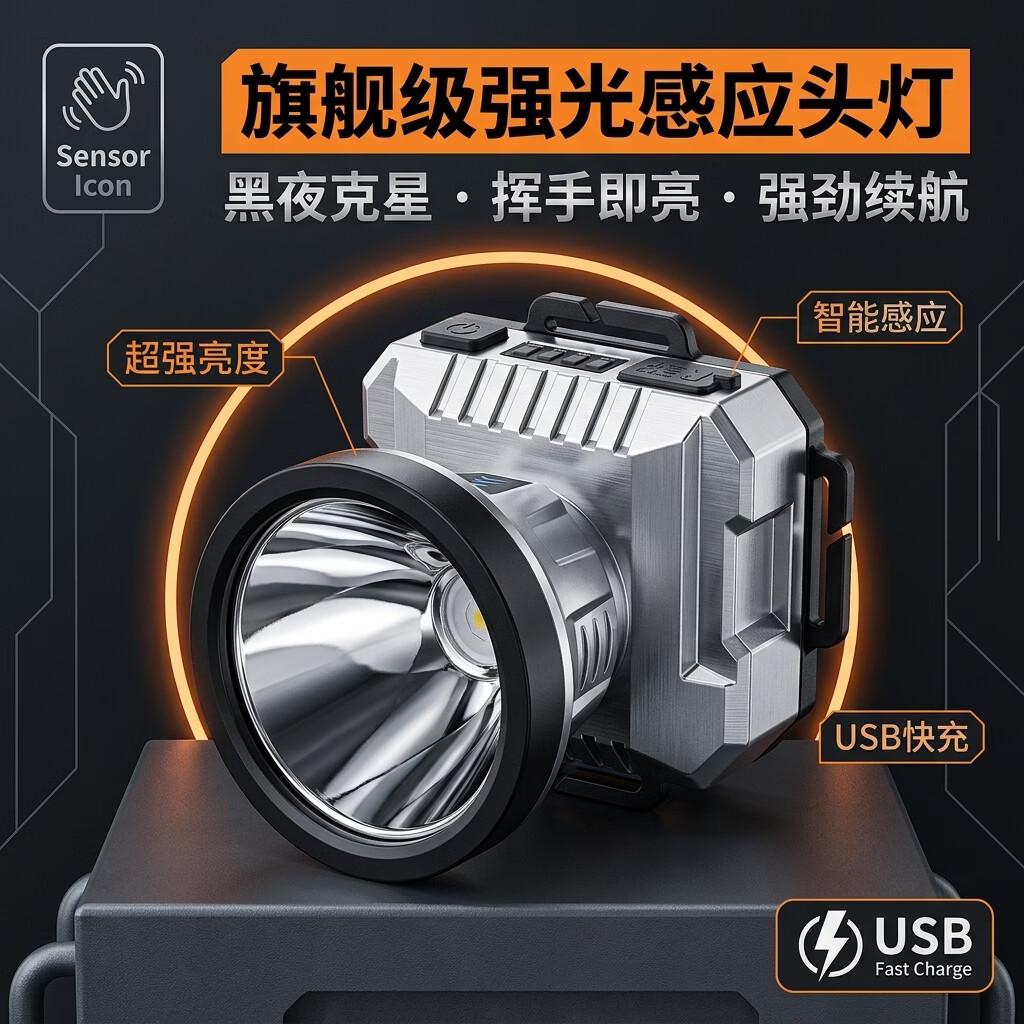 【激光炮灯芯】户外超亮强光头灯智能感应锂电池长续航夜钓照明LL 【感应白光】强光充电头灯+单锂电