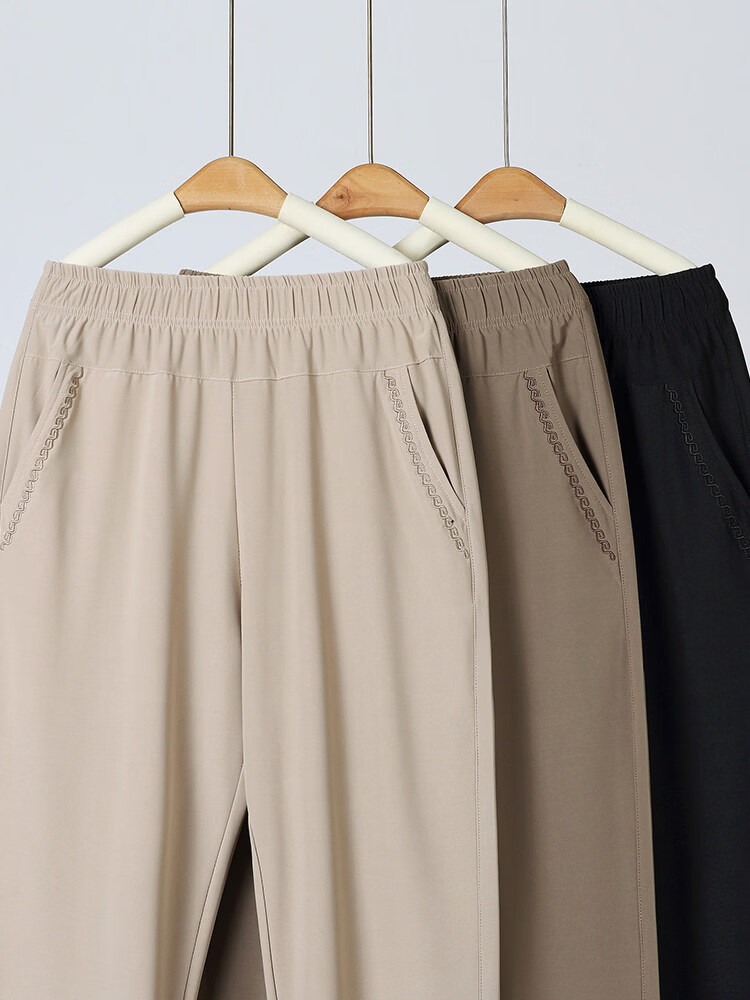 大码妈妈裤子2026新款夏季薄款休闲中老年人女裤宽松直筒夏天裤子 米色九分裤（凉快清爽） XL  （80-105斤）