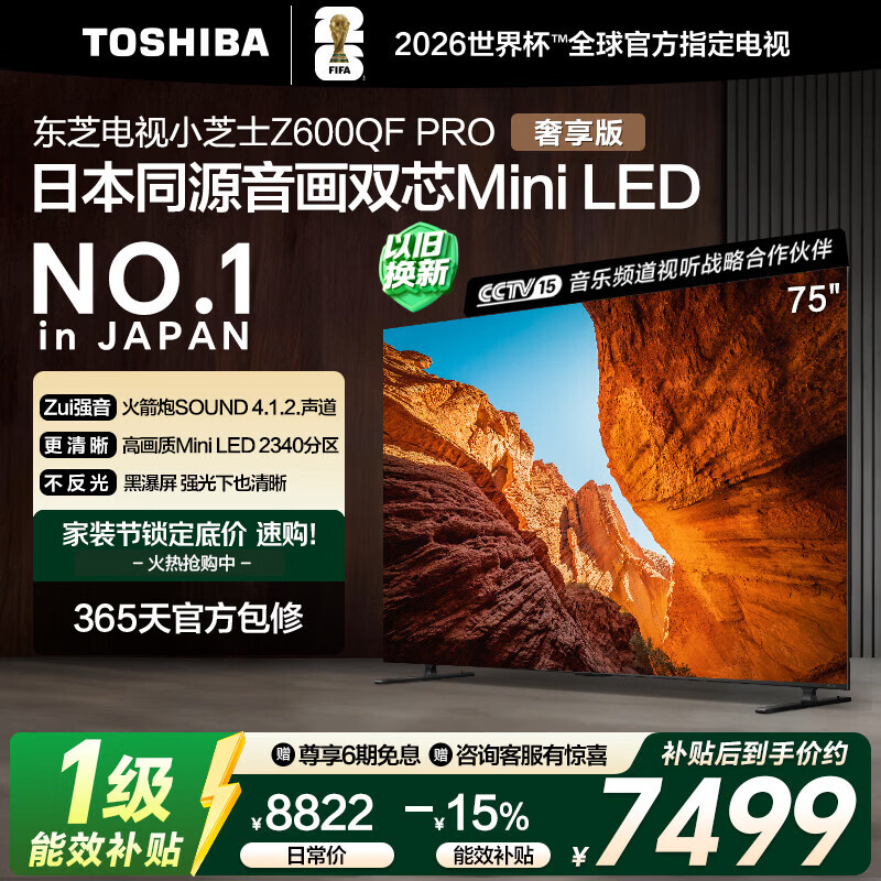 东芝电视小芝士75Z600QF PRO 75英寸 音画双芯Mini LED 火箭炮SOUND 300Hz黑瀑屏 4K 家电国家补贴