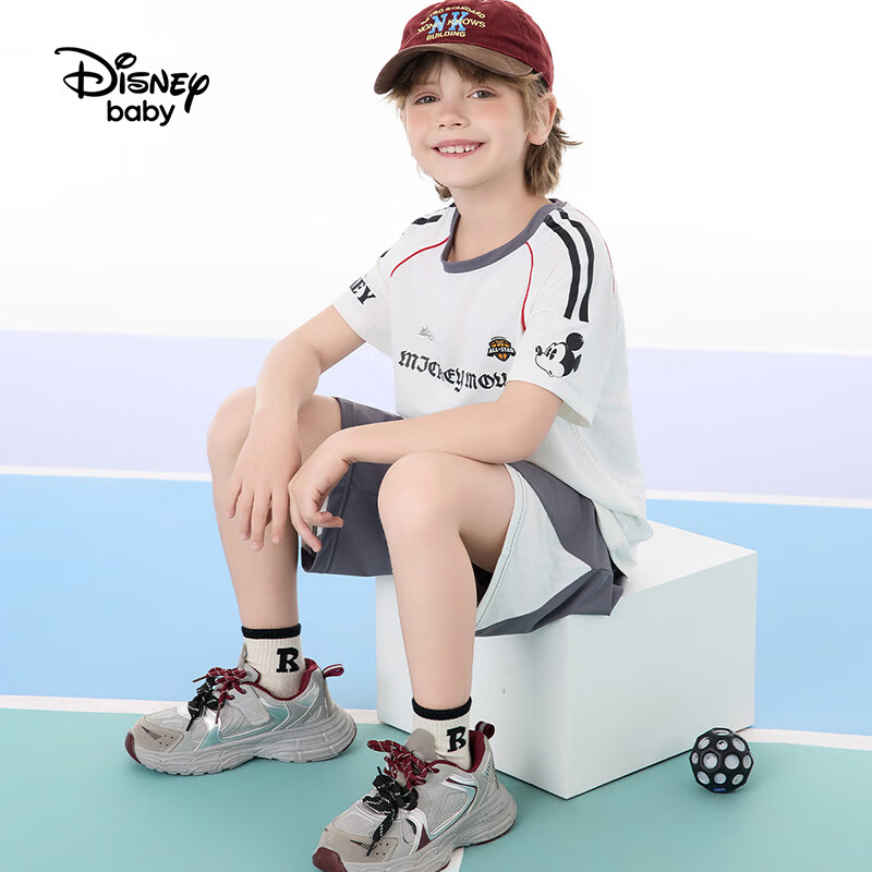 迪士尼（Disney）童装男女童套装个性印花短袖T恤透气运动短裤两件套夏篮球服套装 本白 150 高145-155cm重70-85斤