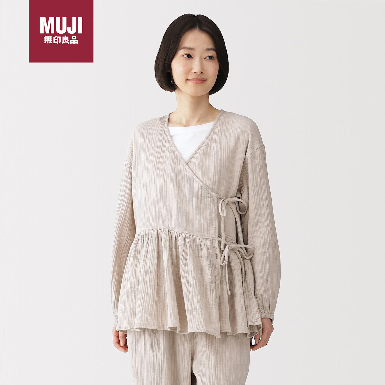 MUJI女式 杨柳纱织短开衫女士睡衣上衣单件 26年春季新品 浅米色 M