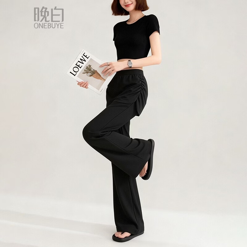 晚白2026春时尚假两件带屁帘遮臀松紧腰裤子弹力修身显瘦显腿长微喇裤 黑色 29