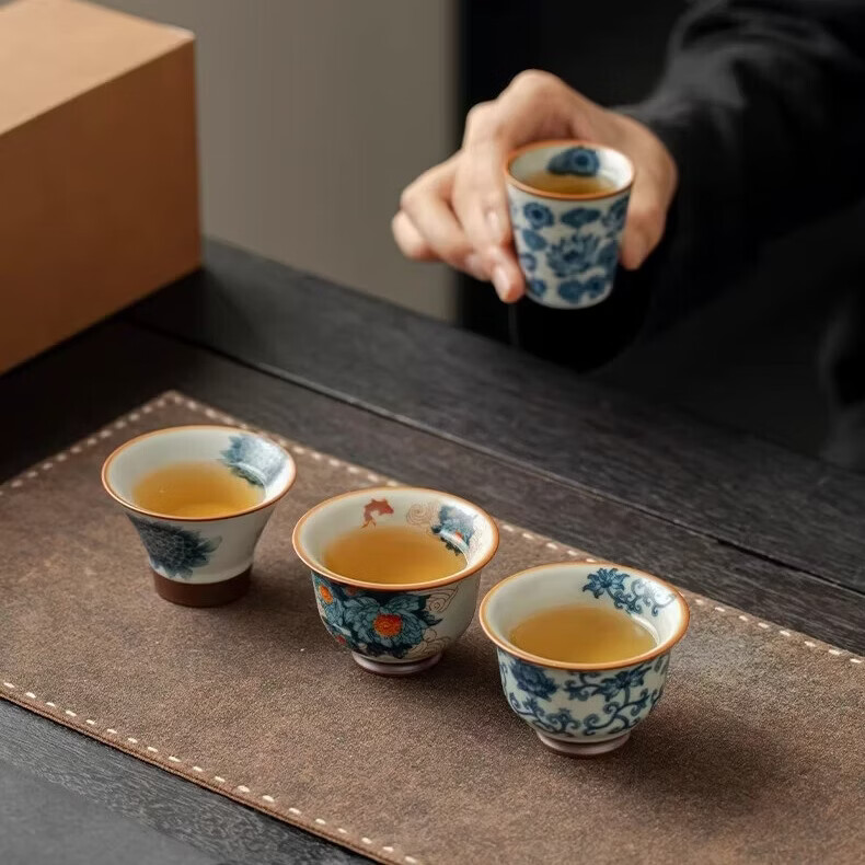 BOSSY新中式汝窑青花珐琅彩茶杯套装礼盒装高档品茗杯单杯生日伴手礼 繁花一壶四杯套装【礼盒装】