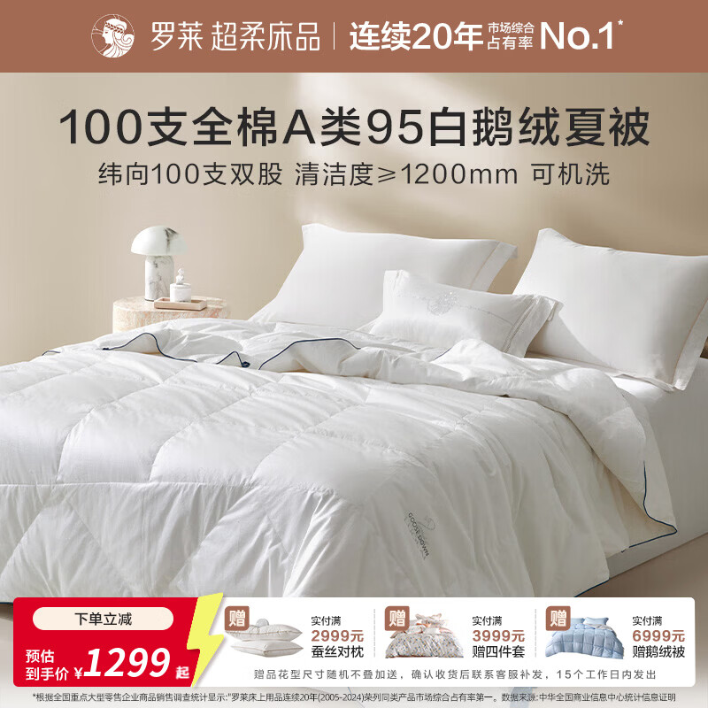 罗莱家纺100支全棉A类95白鹅绒夏被可机洗水洗空调被 溯源·云栖满庭全棉95白鹅绒可水洗夏被 220cm*250cm