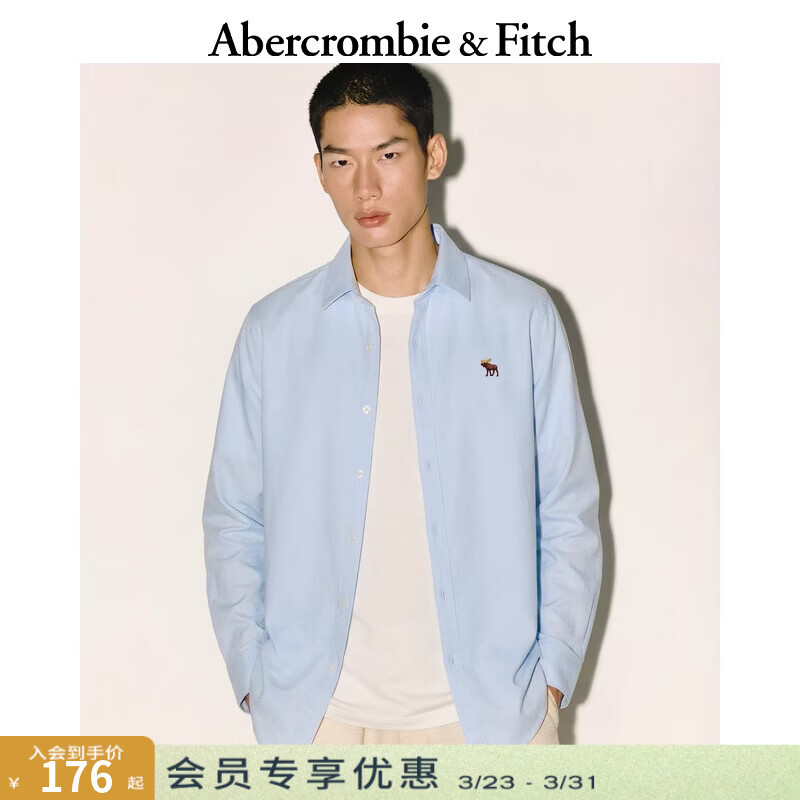 Abercrombie &amp; Fitch【经典老钱风】小麋鹿图案美式通勤长袖衬衫25秋男装125-5292 蓝色 M (180/100A)
