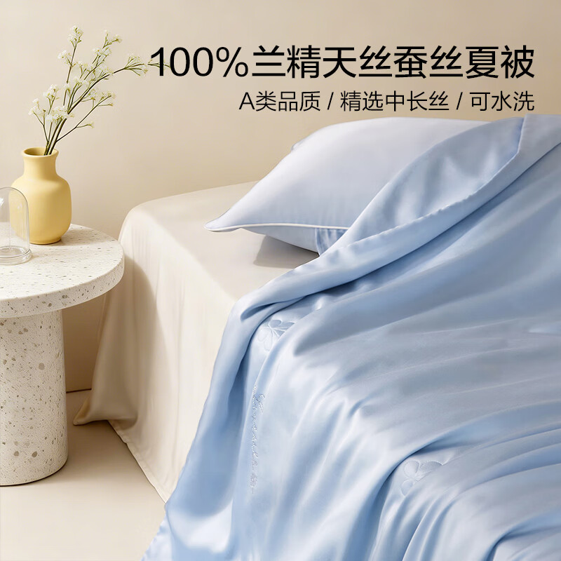恒源祥蚕丝夏凉被 A类兰精天丝100%有机中长柞蚕丝空调被可机洗轻盈贴身 月蓝【A类100%柞蚕丝】 150cm*200cm
