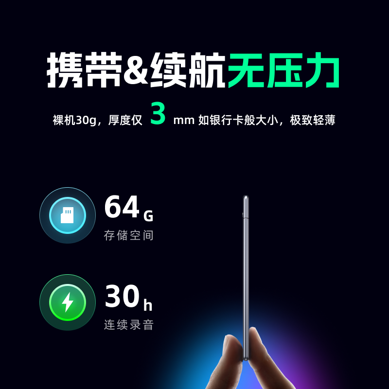 百融百智 WiseNote AI录音卡实时录音转文字智能会议纪要超长待机轻薄随身便携 商务送礼 赠浅紫卡套 灰色 W1标准版