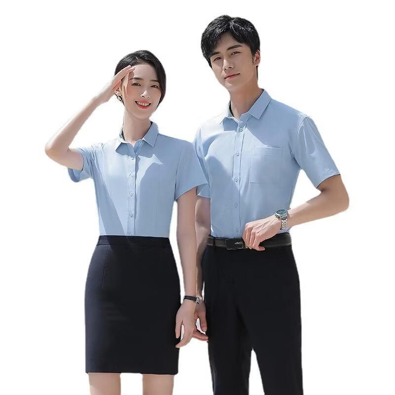 FLYITA白色短袖衬衫男女同款商务正装职业装衬衣酒店前台工作服夏季 藏青色 6XL 女款