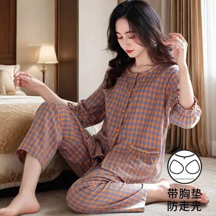 带胸垫睡衣女春秋款秋季七分袖薄款大码女士韩版夏季休闲套装TZ01 麦穗格TZ01 3XL （135-160斤）