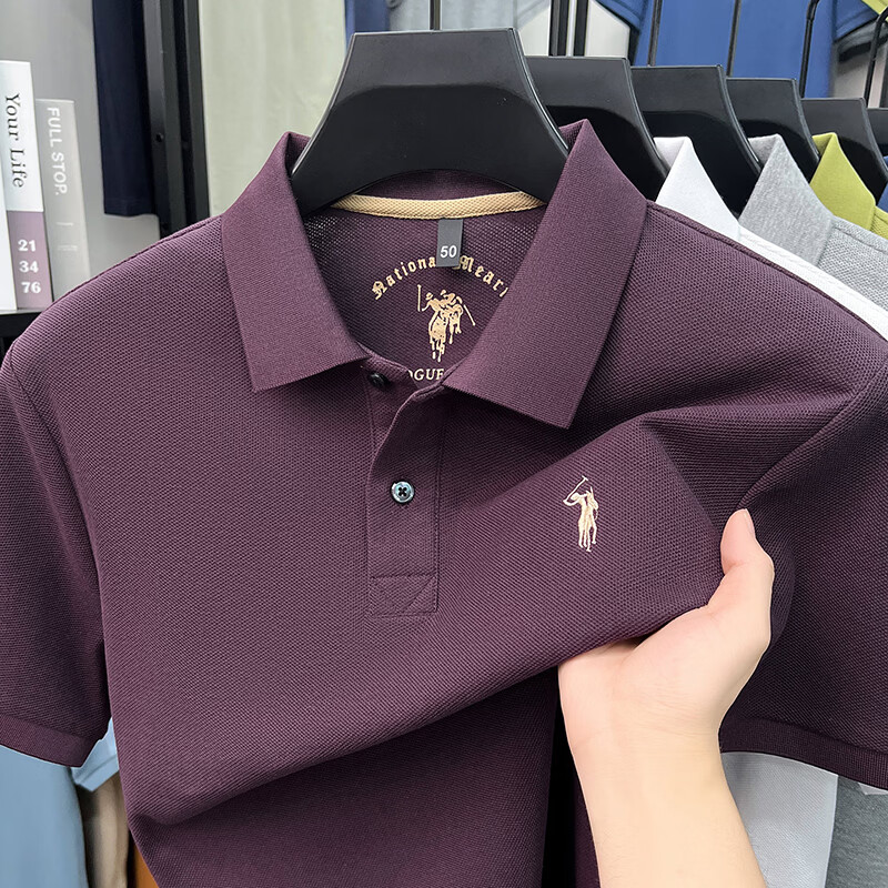 尺度保罗100%纯棉短袖T恤男士夏季薄款透气绣花商务休闲宽松大码POLO衫男 IG83318花灰 L 推荐120-135斤