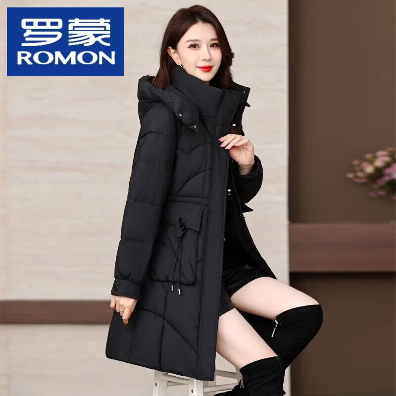 罗蒙（ROMON）中长款羽绒棉服女2026冬季新款洋气修身型加厚外套女连帽保暖显瘦 黑色(石墨烯内里) S 160/84A