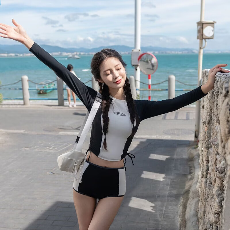 予丝亿潜水服女泳衣女新款长袖长裤浮潜衣外穿防晒分体泳装遮肉大码2026 黑白四件套【80-100斤】