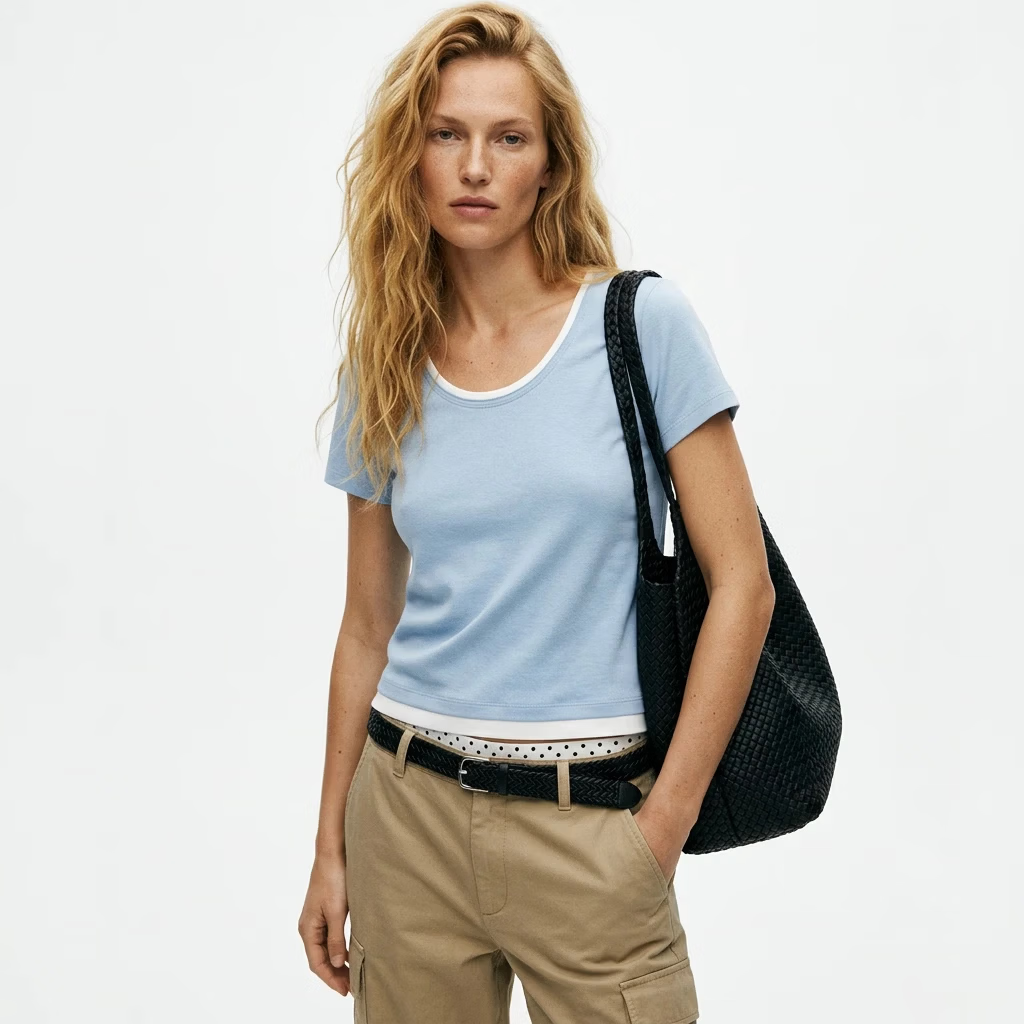 【鹦鹉梨严选】莱赛尔亚麻假两件短袖T2026春女装短袖打底衫 蓝拼白 M