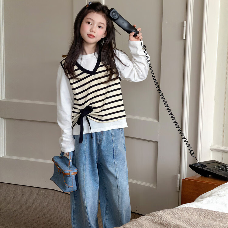 芭帛兔女孩套装2026春秋季新款中大童针织条纹马甲打底衫韩版牛仔裤 牛仔弯刀裤 170 cm