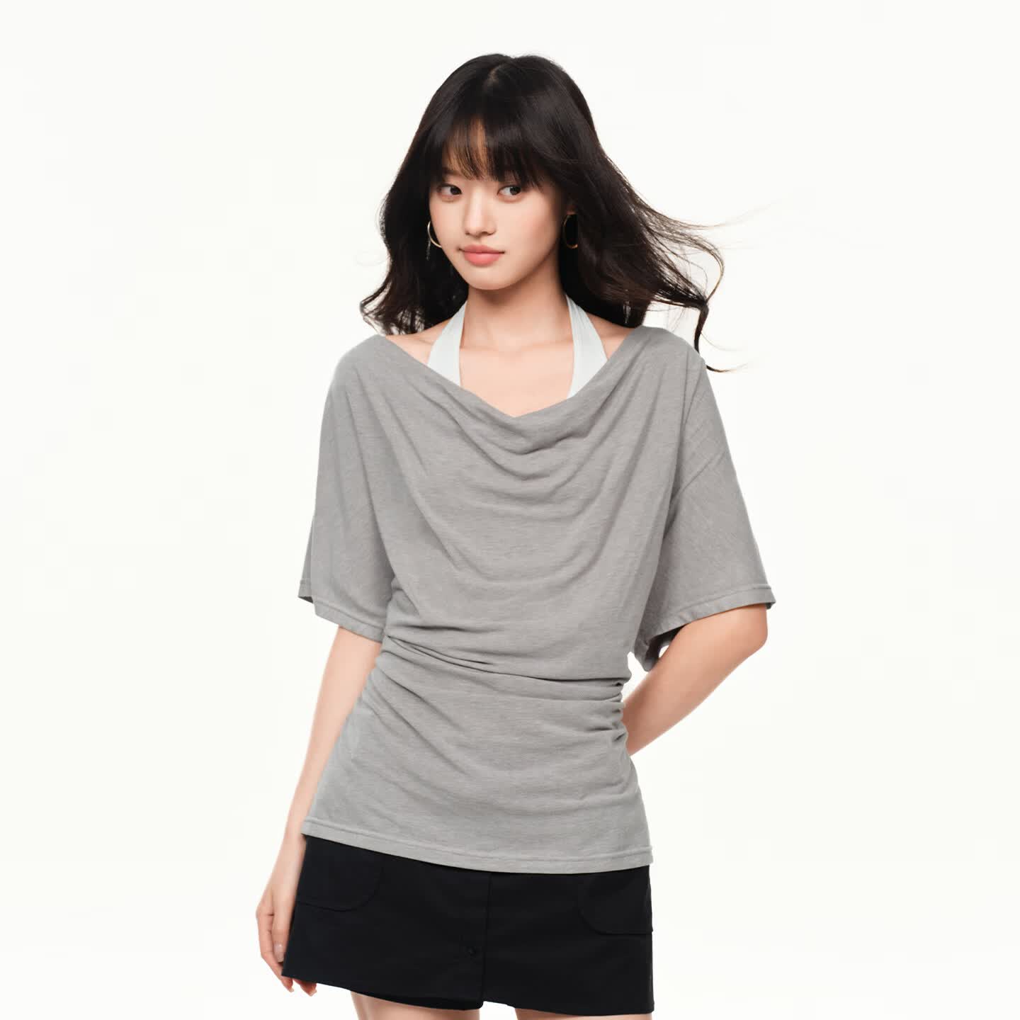 PSO Brand女装两件套挂脖背心一字肩荡领撞色设计感短袖女士T恤夏季 花灰色 HathaGrey M