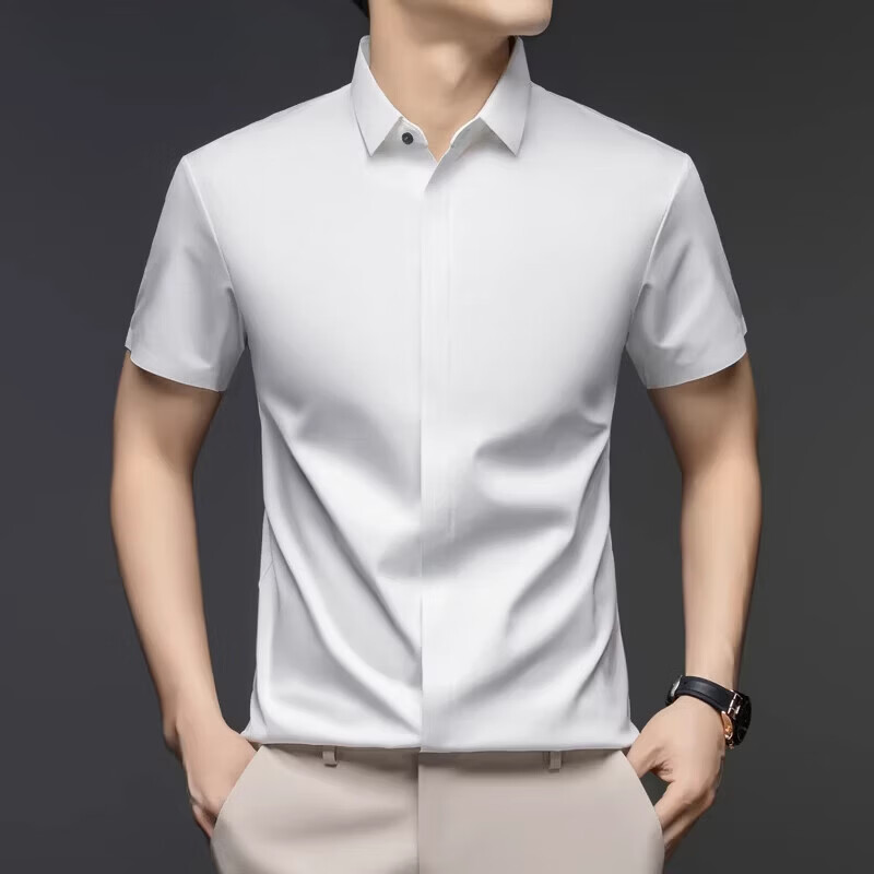 丨利郎丨桑蚕丝短袖衬衫男无痕免烫2026新款商务休闲衬衣 -浅蓝 4XL 190建议【185-200斤】