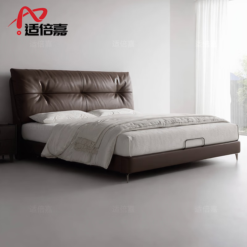 漫丽菲真皮床意式极简1.8米双人床现代简约小户型主卧头层牛皮软包婚床 床+黄麻棕床垫+2床头柜 1.8*2米【架子床】