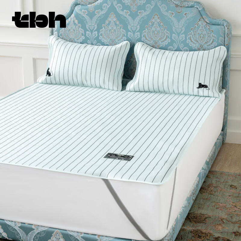 野兽派家居（tbh）都市野兽黑豹冰丝凉席宿舍席子单双人冰丝席套装 黑豹冰丝凉席绑带款 蓝黑条纹 两件套 90cm*200cm