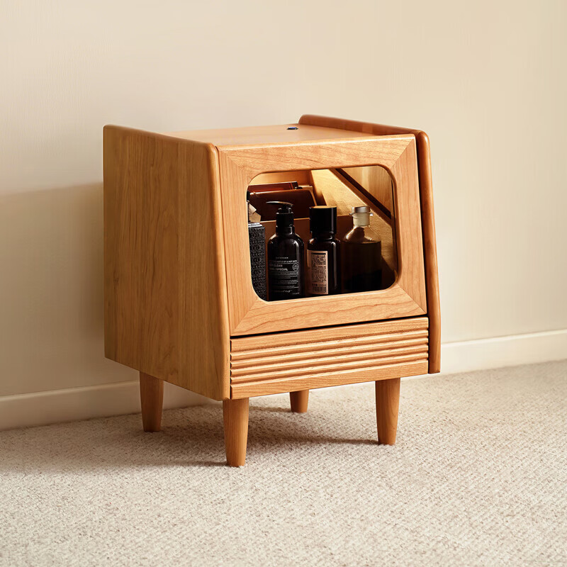 全友家居樱桃木实木家具床头柜带灯卧室小户型抽屉收纳储物边柜迷你桌 【樱桃木】带灯床头柜