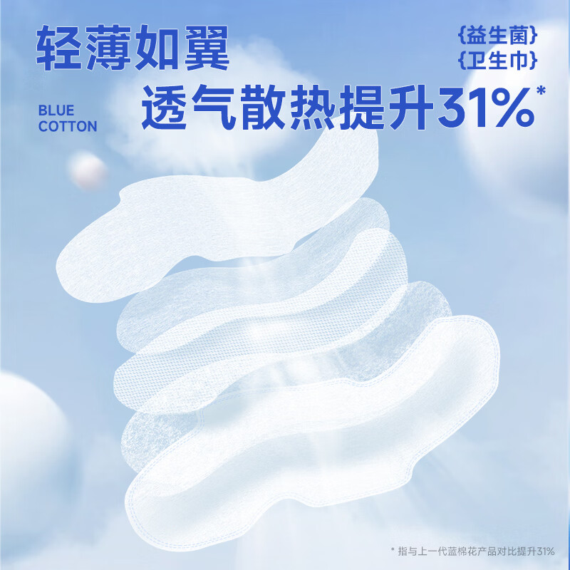 蓝棉花卫生巾女益生菌消毒级独立包装超薄透气日用夜用防漏姨妈巾 日夜组合6包+2片旅行装