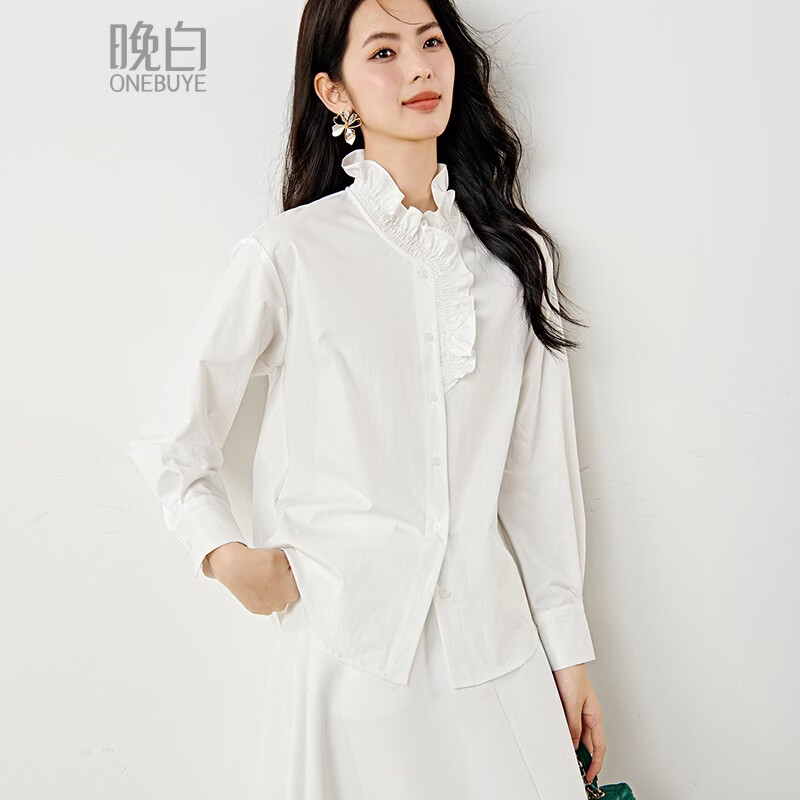 晚白2026年春款法式复古宫廷风木耳花边领棉感上衣宽松松弛感大码衬衫 白色 M