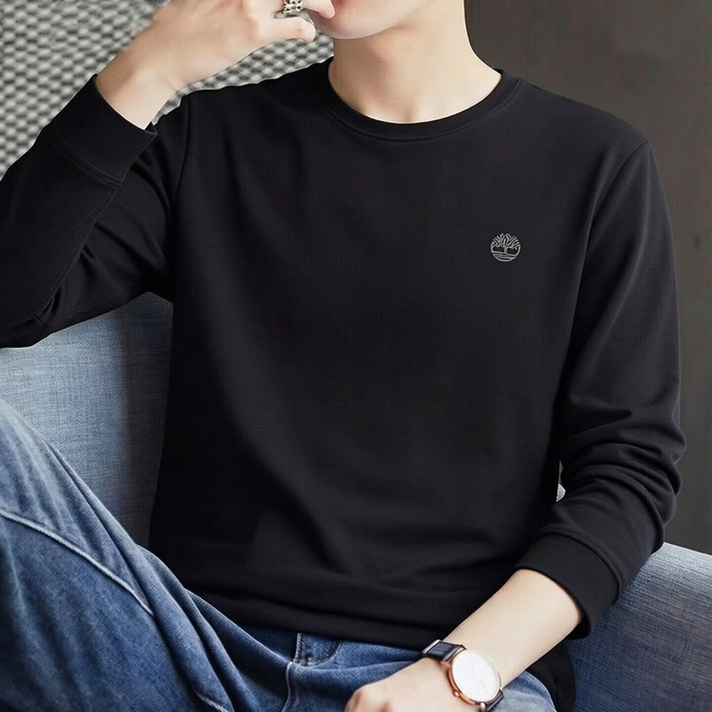 添柏岚（Timberland）长袖T恤男春季新款户外休闲运动服透气宽松圆领卫衣打底衫 A5XVKX65 黑色 L