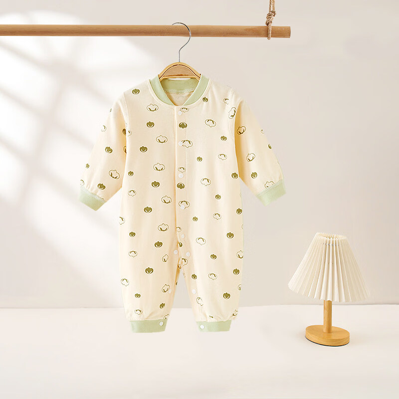婴儿连体衣春秋季纯棉新生儿衣服春装初生满月宝宝长袖哈衣睡衣 BE154绿色棉花球 59cm