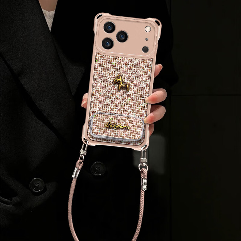 御高适用于【苹果17Promax】2026新款闪钻款金色小马四角挂绳防摔耐磨全包保护套 金色小马-闪钻款-支架-便携手绳 苹果17Promax