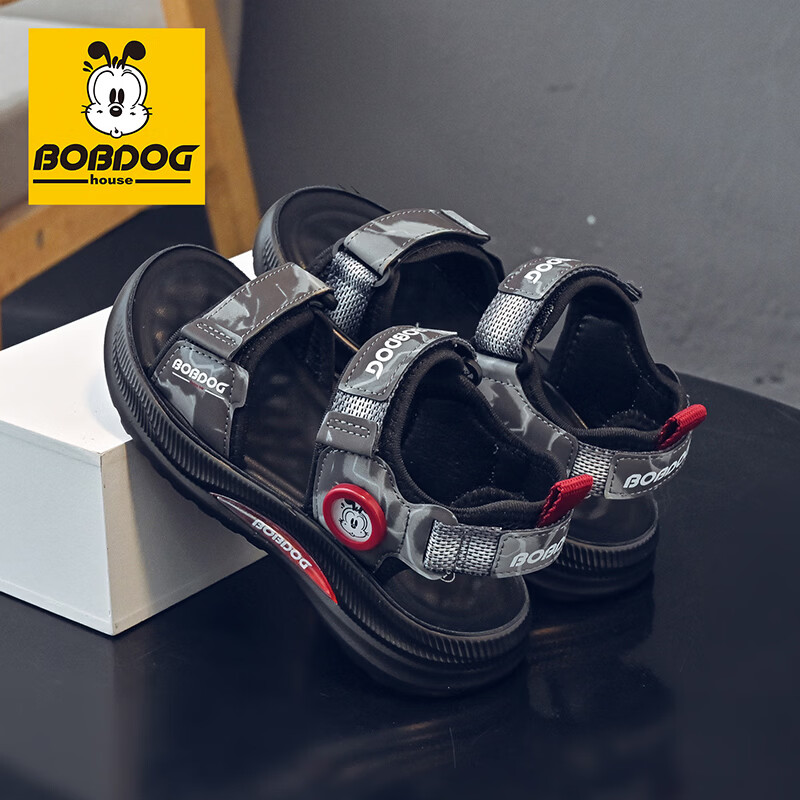 巴布豆（BOBDOG）童鞋夏季透气儿童凉鞋男童校园运动鞋子2026新款中大童露趾沙滩鞋 黑色 26 适合脚长17.5cm