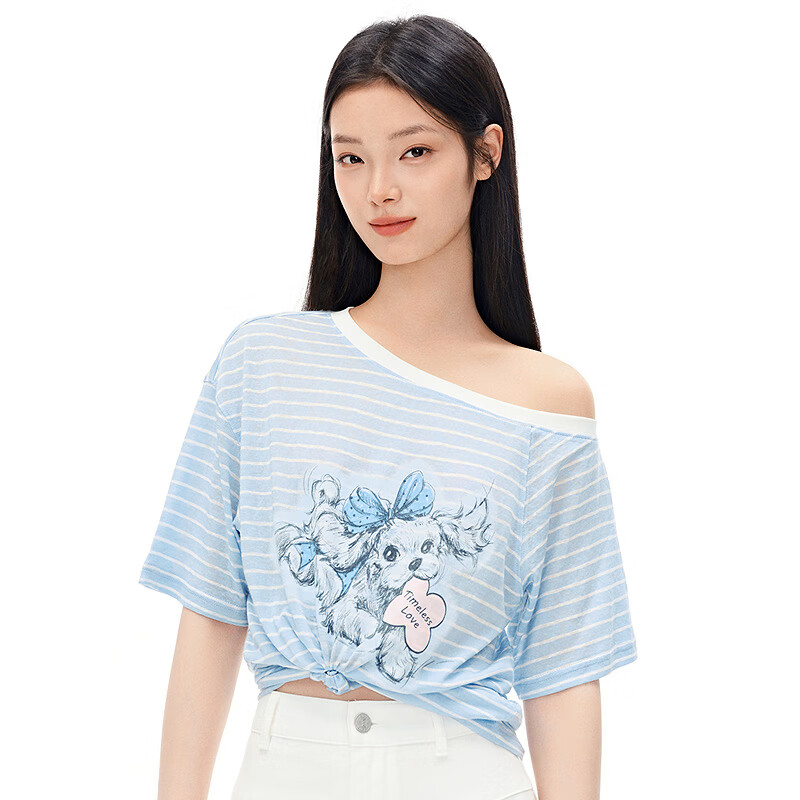 乐町奔跑小狗T恤女夏季新款斜肩显瘦宽松条纹短袖莱赛尔印花上衣 冰露蓝（现货） S