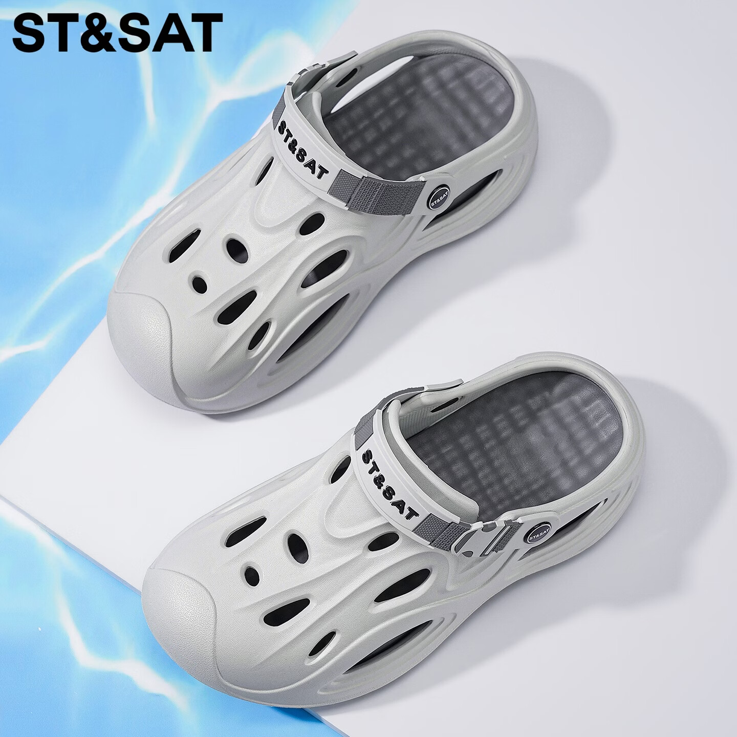 星期六（St&Sat）两穿洞洞鞋男夏季舒适凉鞋百搭运动凉拖鞋男轻便海边防滑沙滩鞋男 灰色 44-45 标准运动鞋尺码