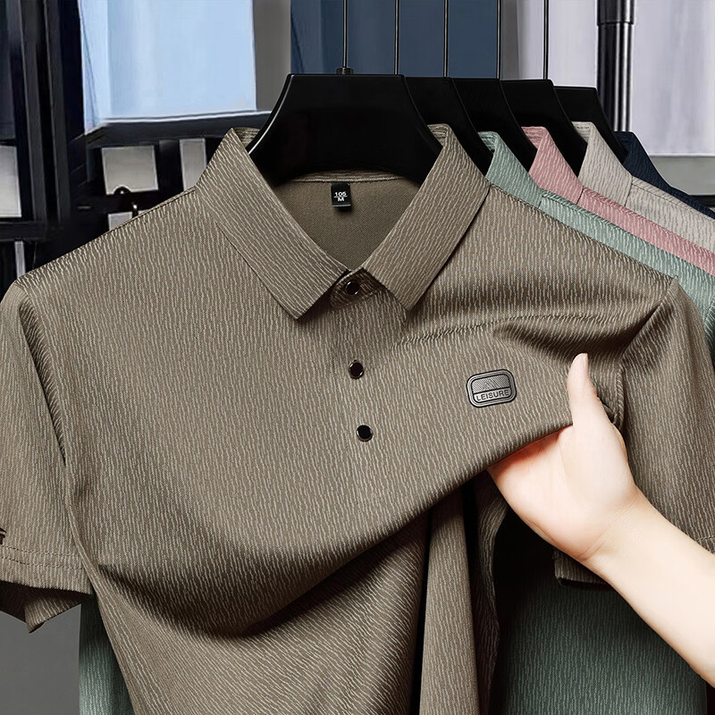 尺度保罗冰丝翻领短袖T恤男士夏季薄款免烫透气树皮纹印花宽松POLO衫上衣 AT2505米色 XL 推荐135-155斤