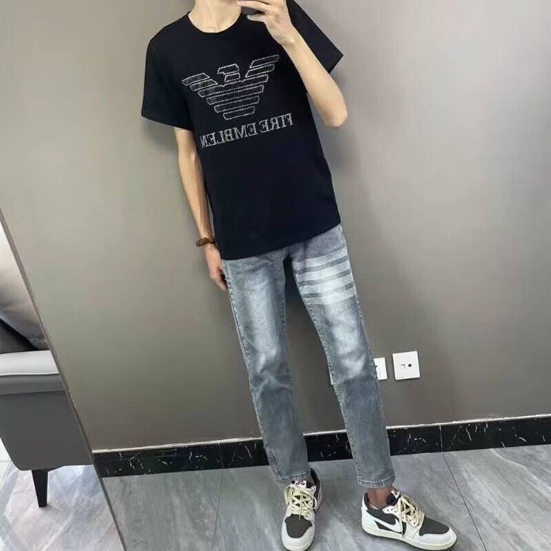 狄保特牛仔裤男春秋潮流四条杠拉链印花水洗修身小脚直脚青春流行裤子男 灰色 S