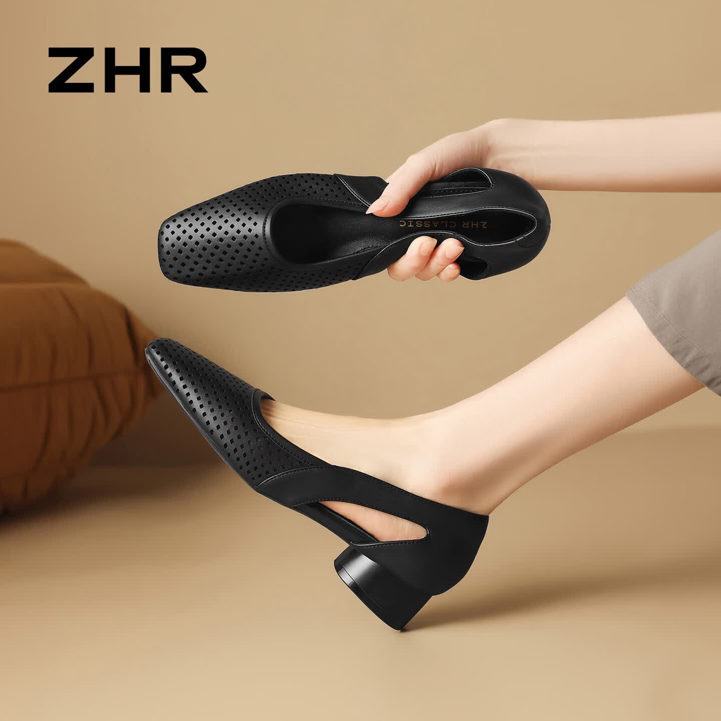 ZHR则则单鞋女夏新款编织镂空凉鞋舒适羊皮垫一脚蹬百搭女鞋EH328黑色36