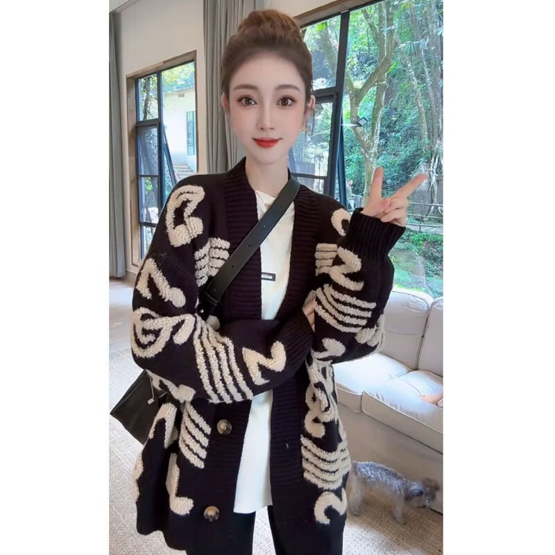 2026新款韩版慵懒风针织开衫女春秋新款宽松百搭毛衣外套JL 黑色 3XL 130-140斤