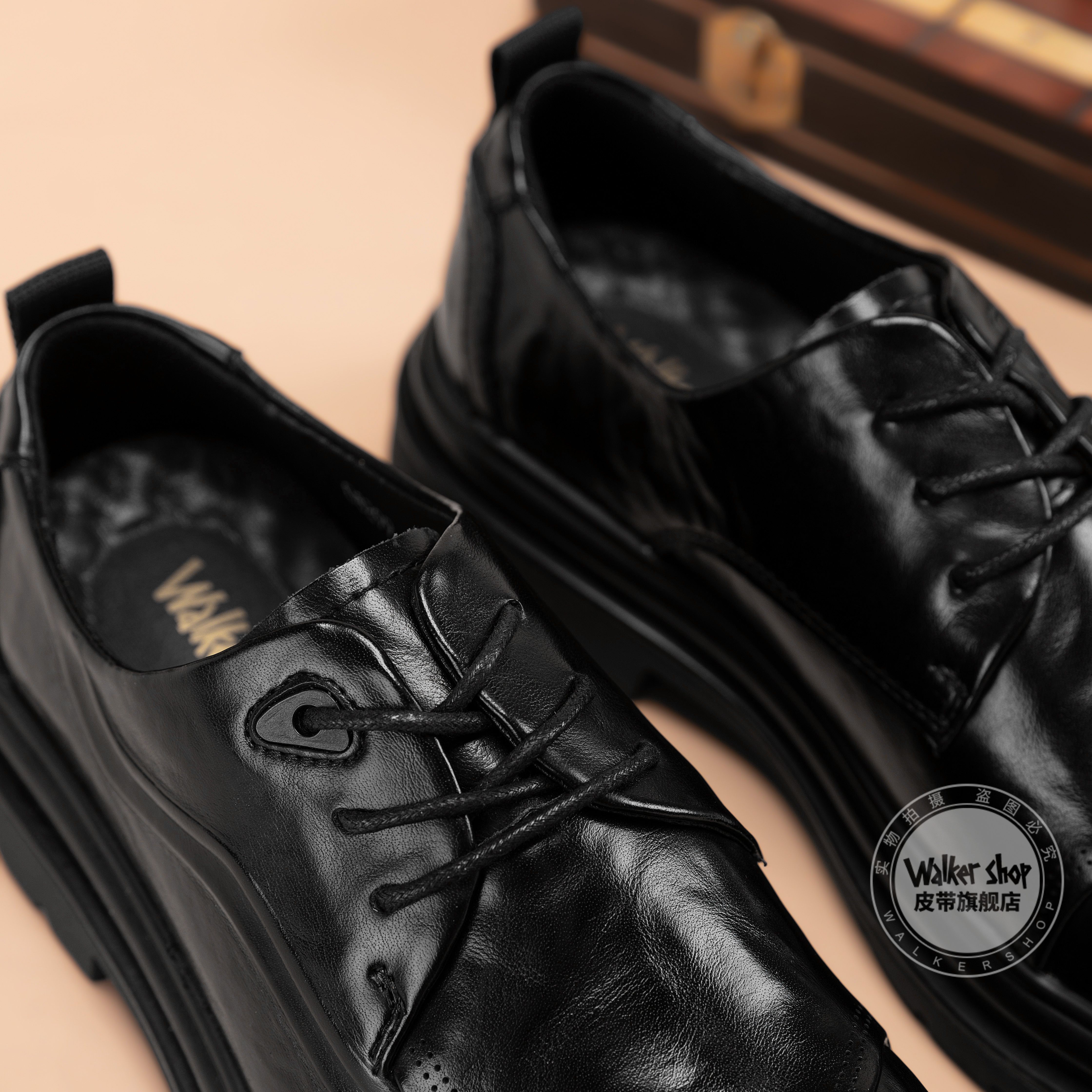 Walker Shop皮鞋男高端商务正装男士皮鞋2026新款休闲真皮透气软底内增高男鞋 黑色【内增高】 40