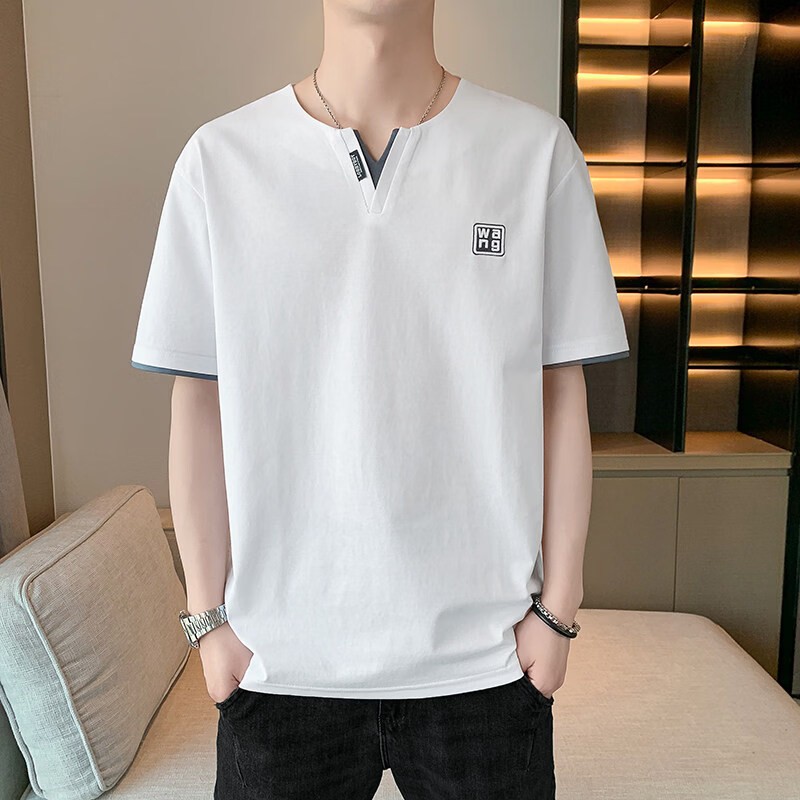 JPUZ男士短袖t恤棉质v领潮牌2026夏季男装上衣服冰丝薄款潮流半袖体桖 7704白色 L