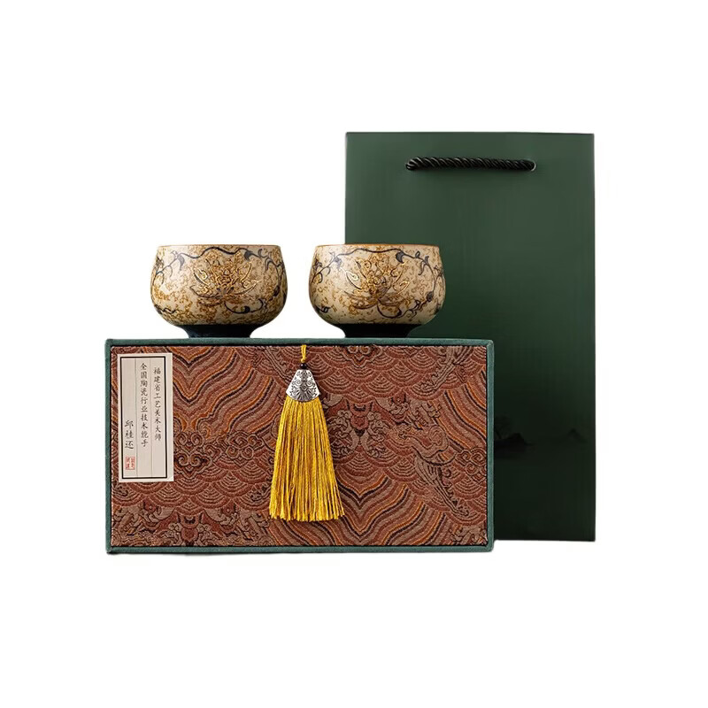 BOSSY敦煌手绘描金青花缠枝莲茶杯主人杯轻奢高档办公室家用品茗杯送礼 九色鹿丨手绘描金禅定对杯【礼盒装】